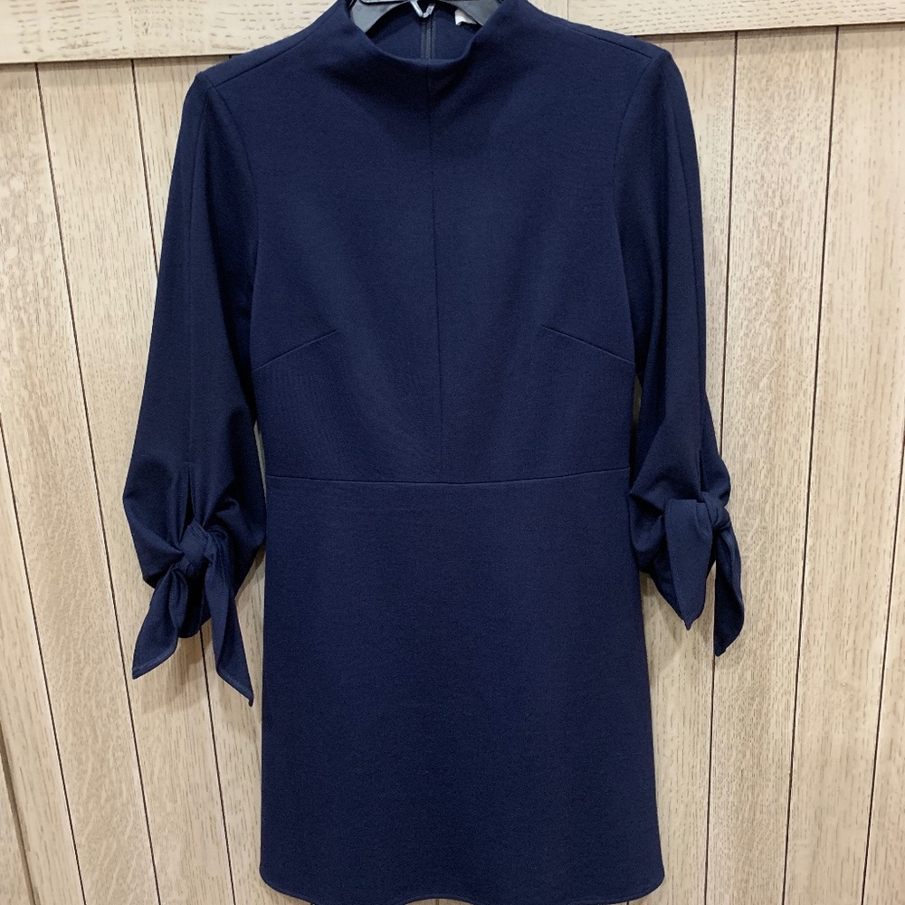 Tibi Bond Mock Neck Long Tie Sleeve Dress  in Midnight Navy, Size 2